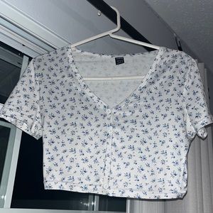 White Crop Top with Blue Flowers Size S